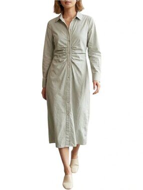 Sim & Sam Sage Green Cotton Ruched Waist Shirt Dress XL Midi